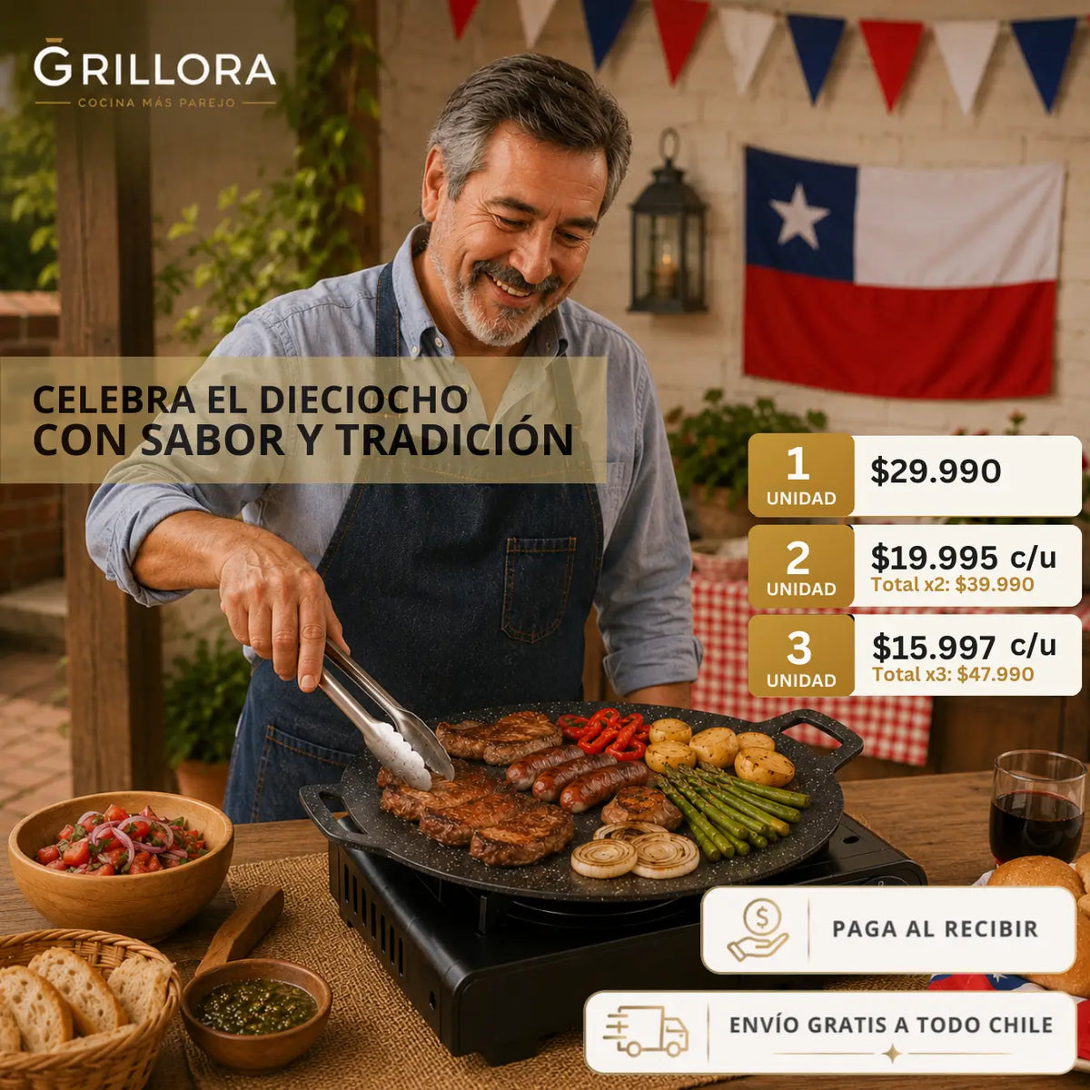 Grillora – Cocción Uniforme Plancha Antiadherente 35 CM- Celebra las Fiestas Patrias!