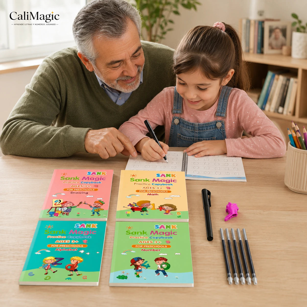 CaliMagic - Aprende letras y números jugando - Set 4 cuadernos magic de caligrafía